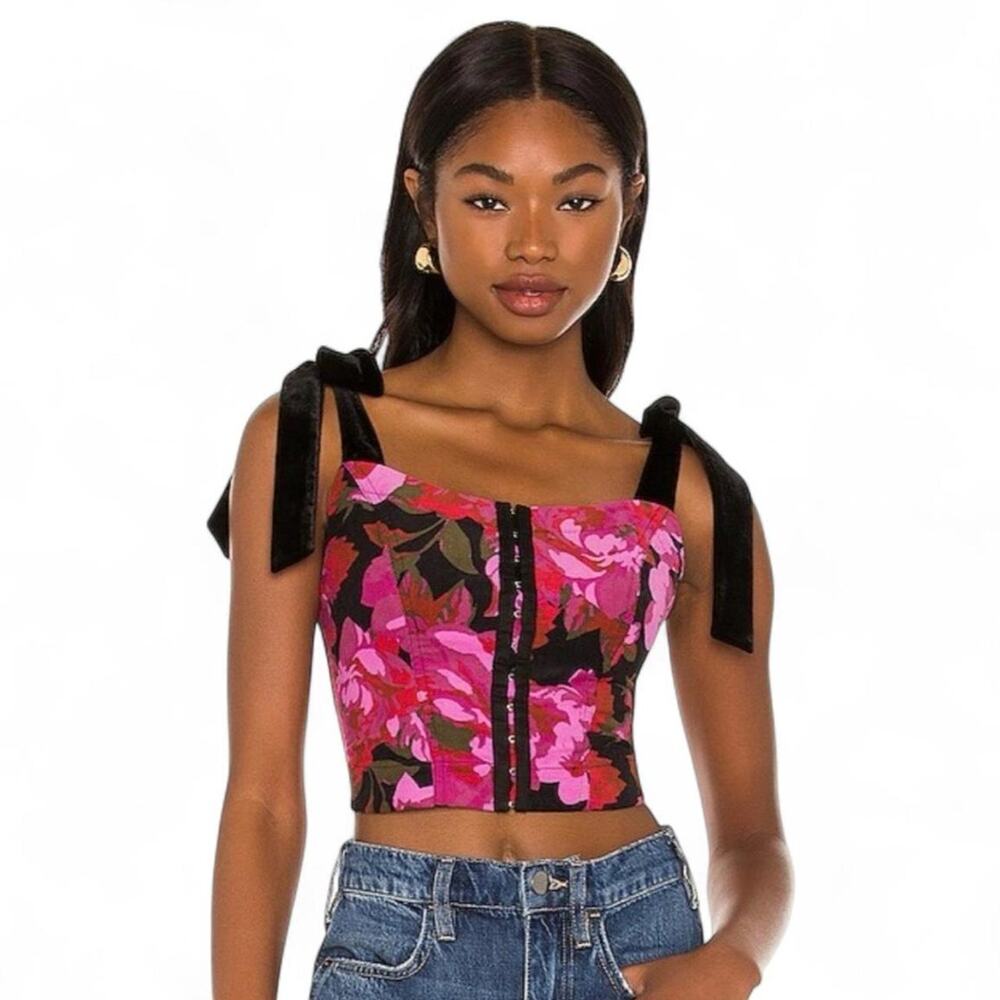 Free People Addie Floral Corset Top XS Pink Hook Eye Velvet Ribbon